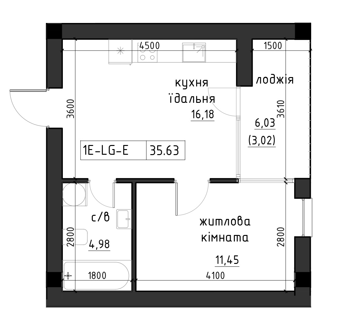 Planning 1-rm flats area 35.63m2, LR-002-05/0004.