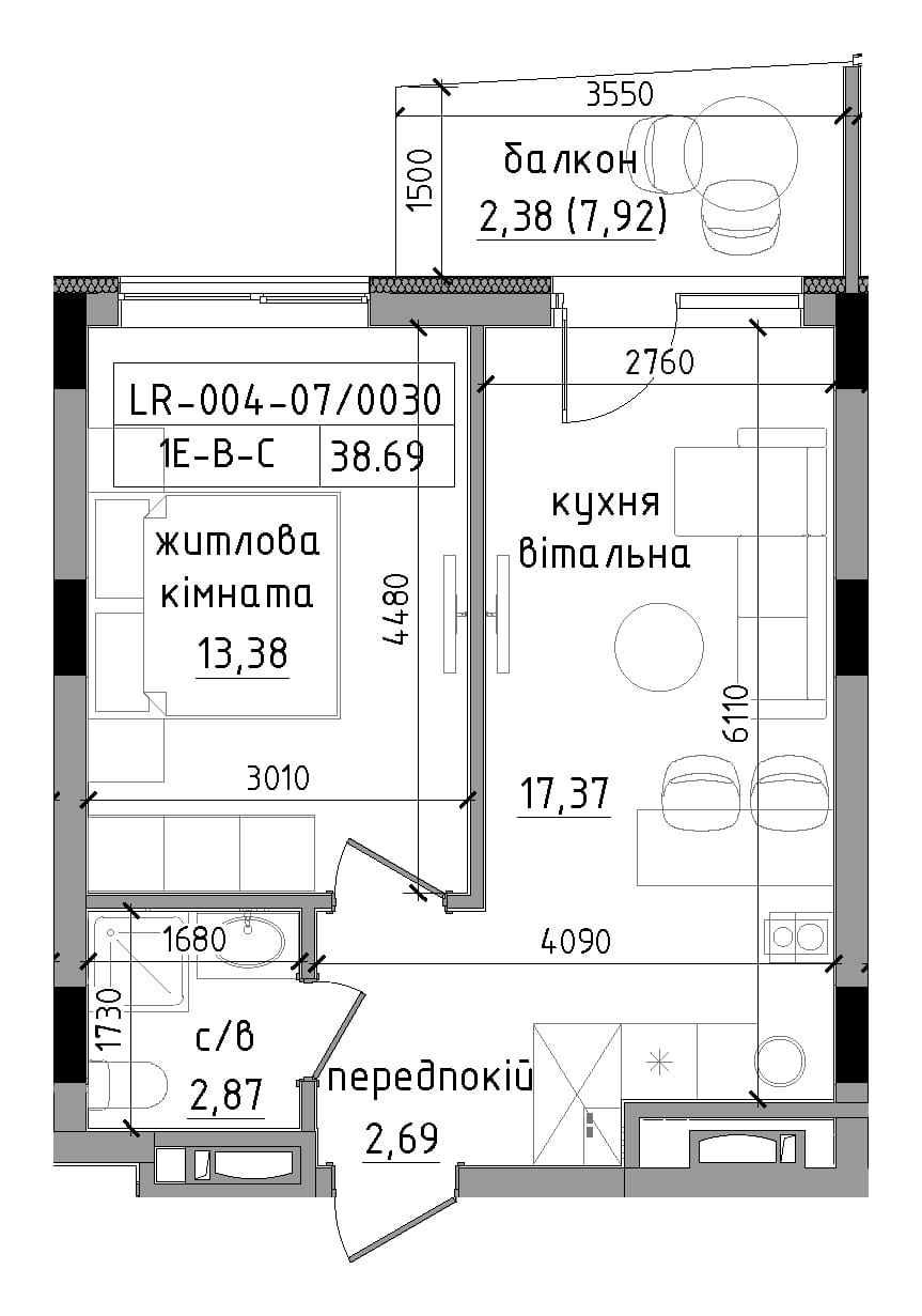 Планування 1-к квартира площею 38.69м2, LR-004-07/0030.