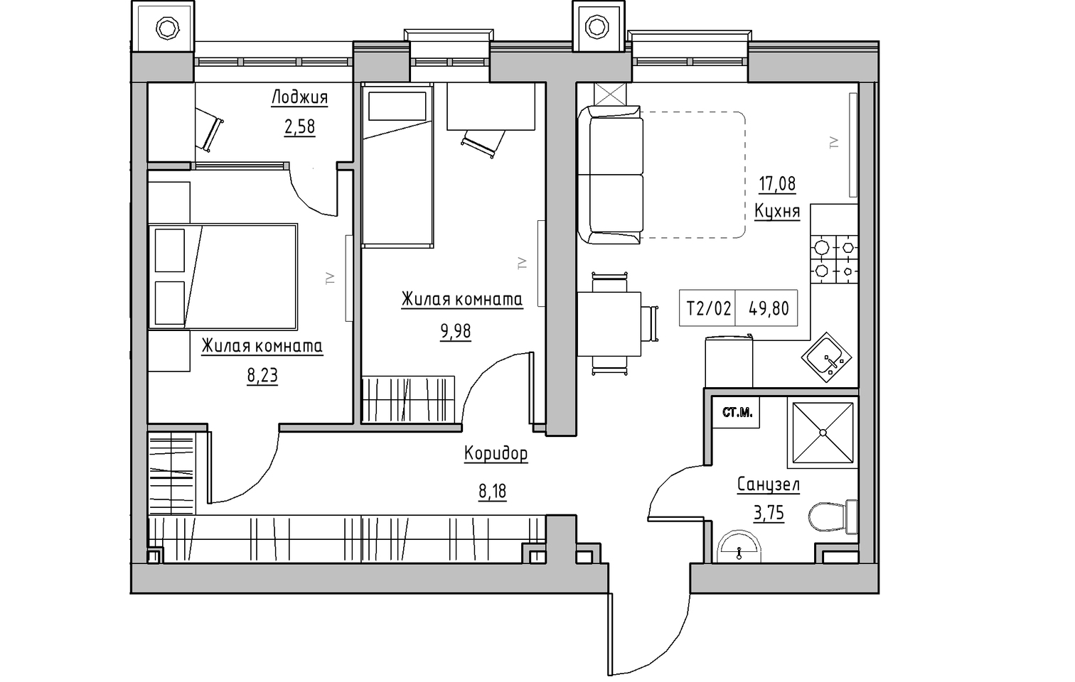 Planning 2-rm flats area 49.8m2, KS-010-01/0007.