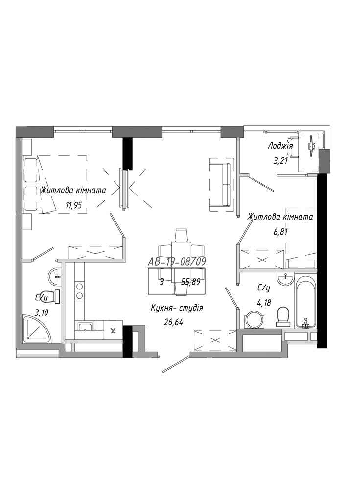 Планування 2-к квартира площею 55.89м2, AB-19-08/00009.