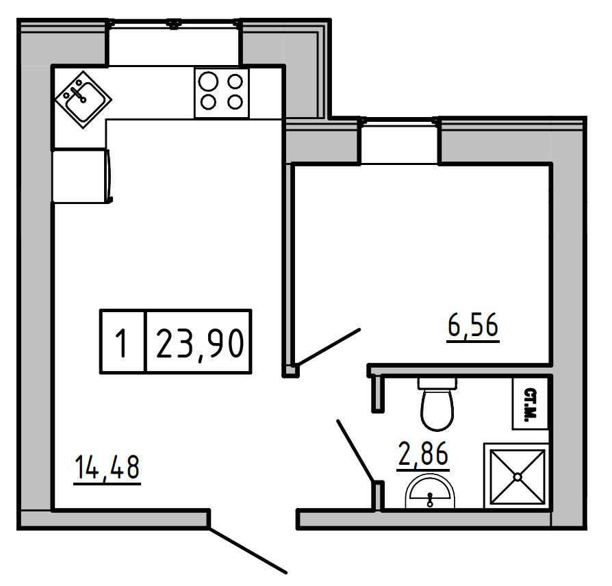 Planning 1-rm flats area 23.91m2, KS-01C-03/0015.