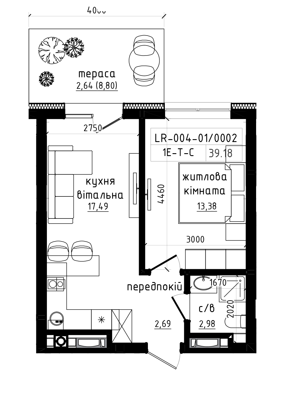 Планировка 1-к квартира площей 39.18м2, LR-004-01/0002.