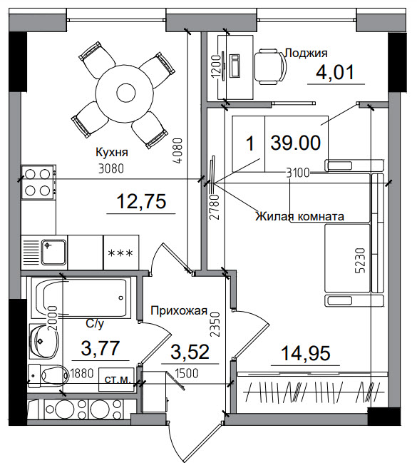 Планування 1-к квартира площею 39м2, AB-05-04/00006.