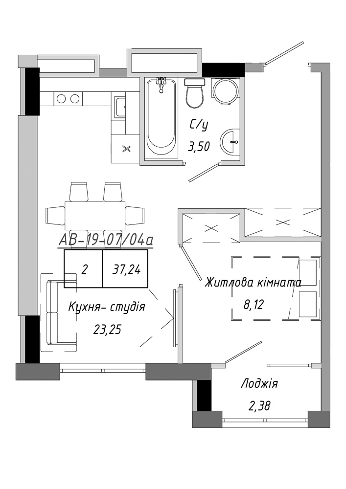 Планування 1-к квартира площею 37.24м2, AB-19-07/0004а.