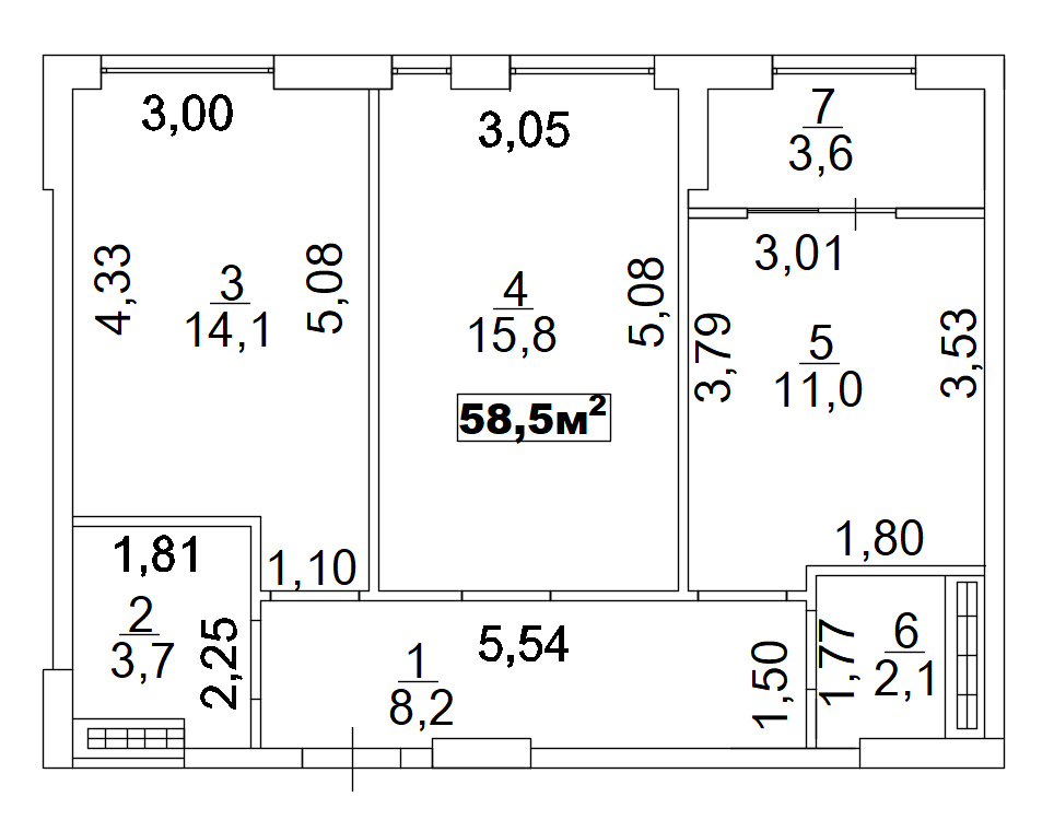Планировка 2-к квартира площей 58.5м2, AB-02-04/00006.