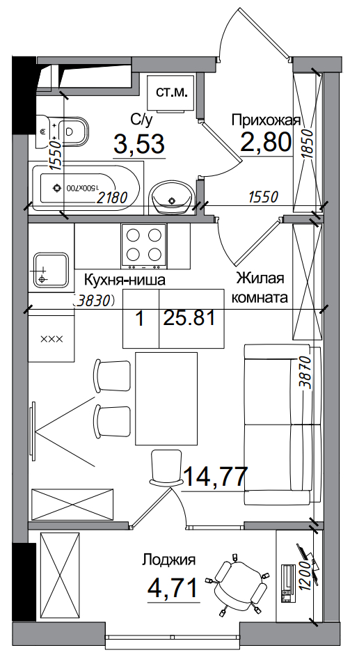 Планування Smart-квартира площею 25.81м2, AB-14-12/00013.