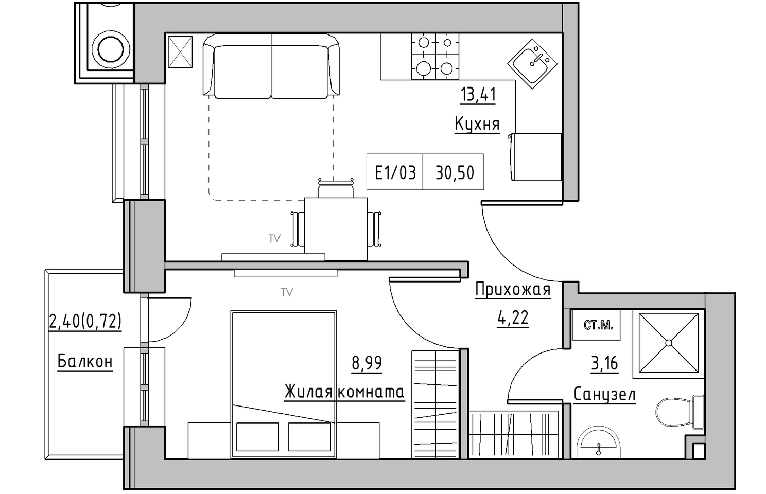 Планировка 1-к квартира площей 30.5м2, KS-010-02/0012.