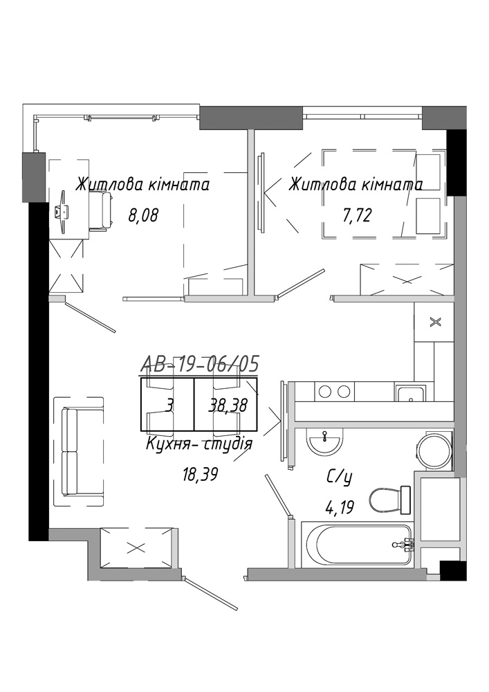 Планування 2-к квартира площею 38.38м2, AB-19-06/00005.