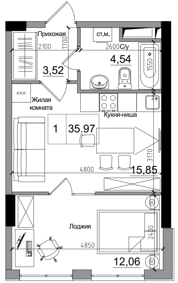 Планировка 1-к квартира площей 35.97м2, AB-15-07/00001.