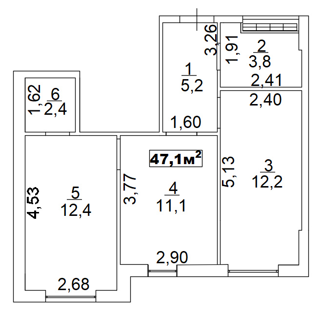 Планировка 2-к квартира площей 47.1м2, AB-02-03/00014.