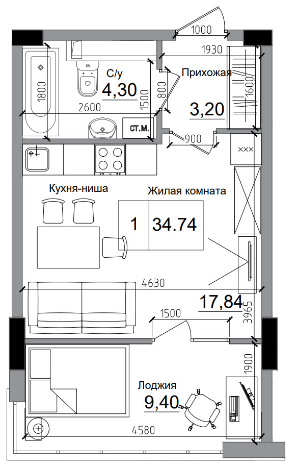 Планировка 1-к квартира площей 34.74м2, AB-11-11/00002.