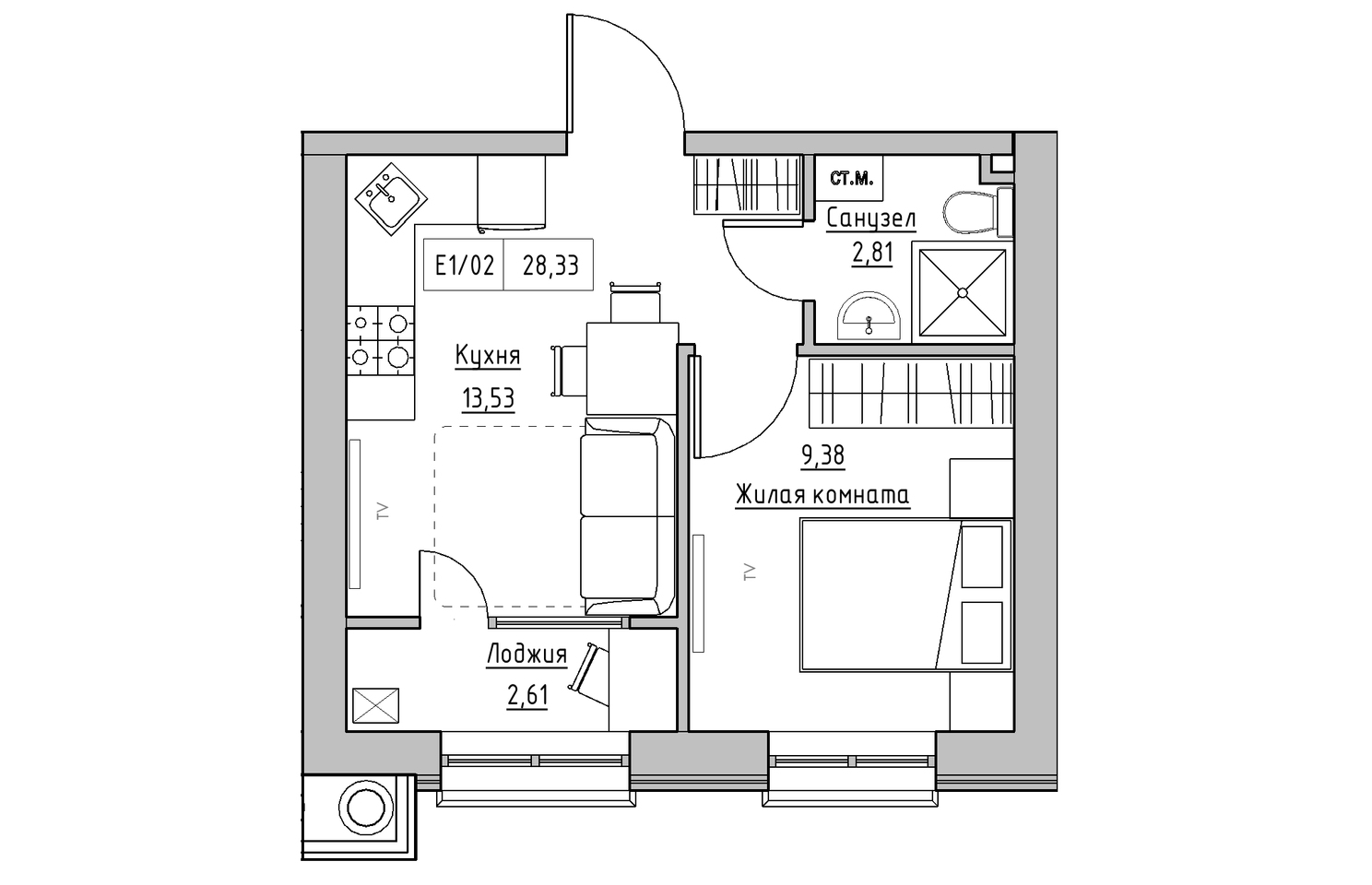 Planning 1-rm flats area 28.33m2, KS-010-02/0001.