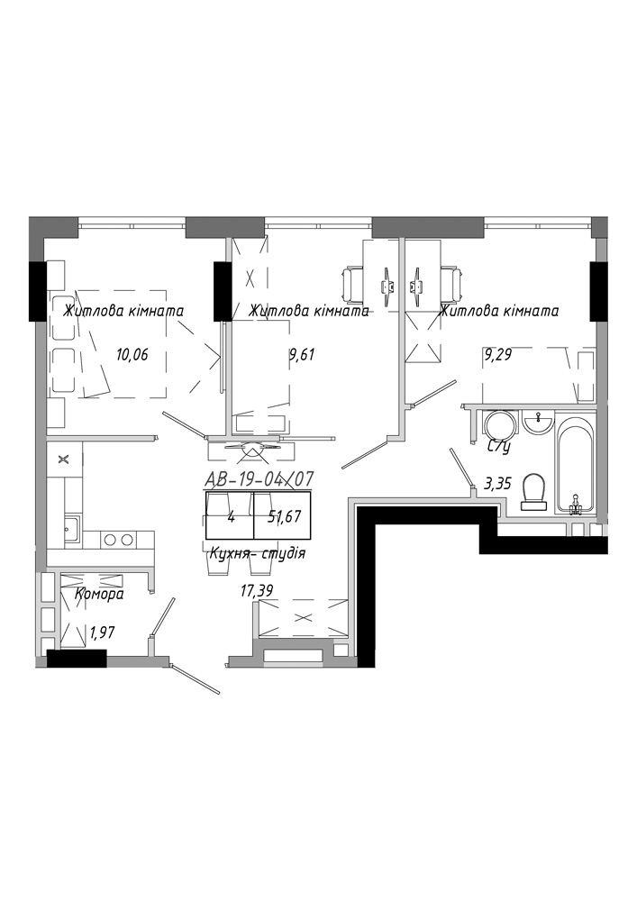 Планування 3-к квартира площею 51.67м2, AB-19-04/00007.