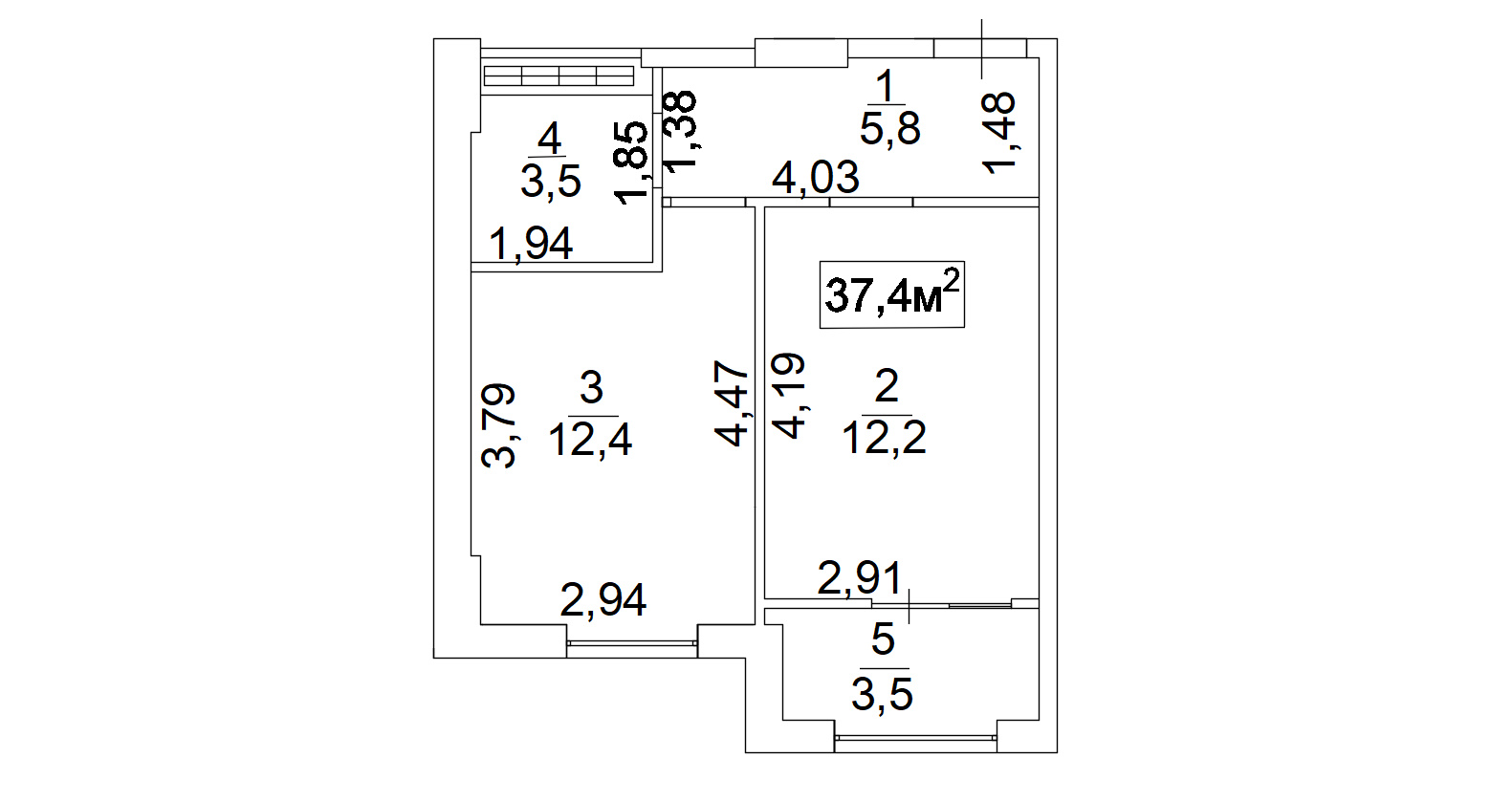 Планировка 1-к квартира площей 37.4м2, AB-02-05/0004а.