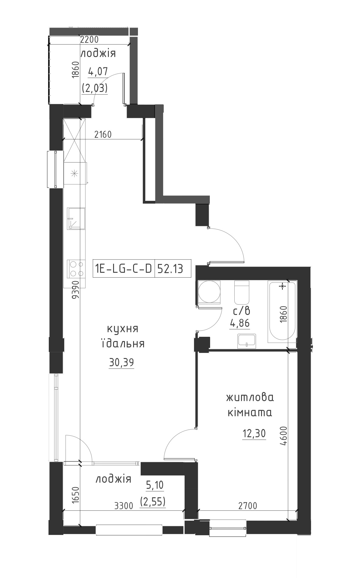 Планування 1-к квартира площею 52.14м2, LR-002-06/0001.