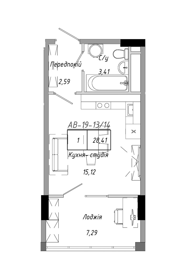 Планування Smart-квартира площею 28.41м2, AB-19-13/00114.