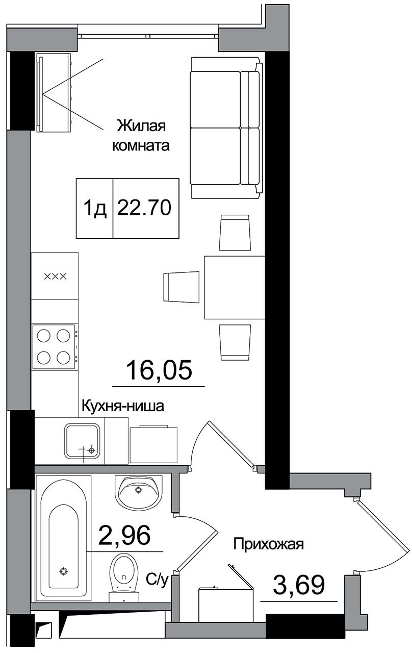 Планування Smart-квартира площею 22.7м2, AB-16-09/00005.