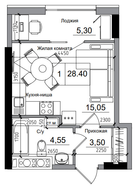 Планування Квартири площею 27.54м2, AB-05-07/00004.