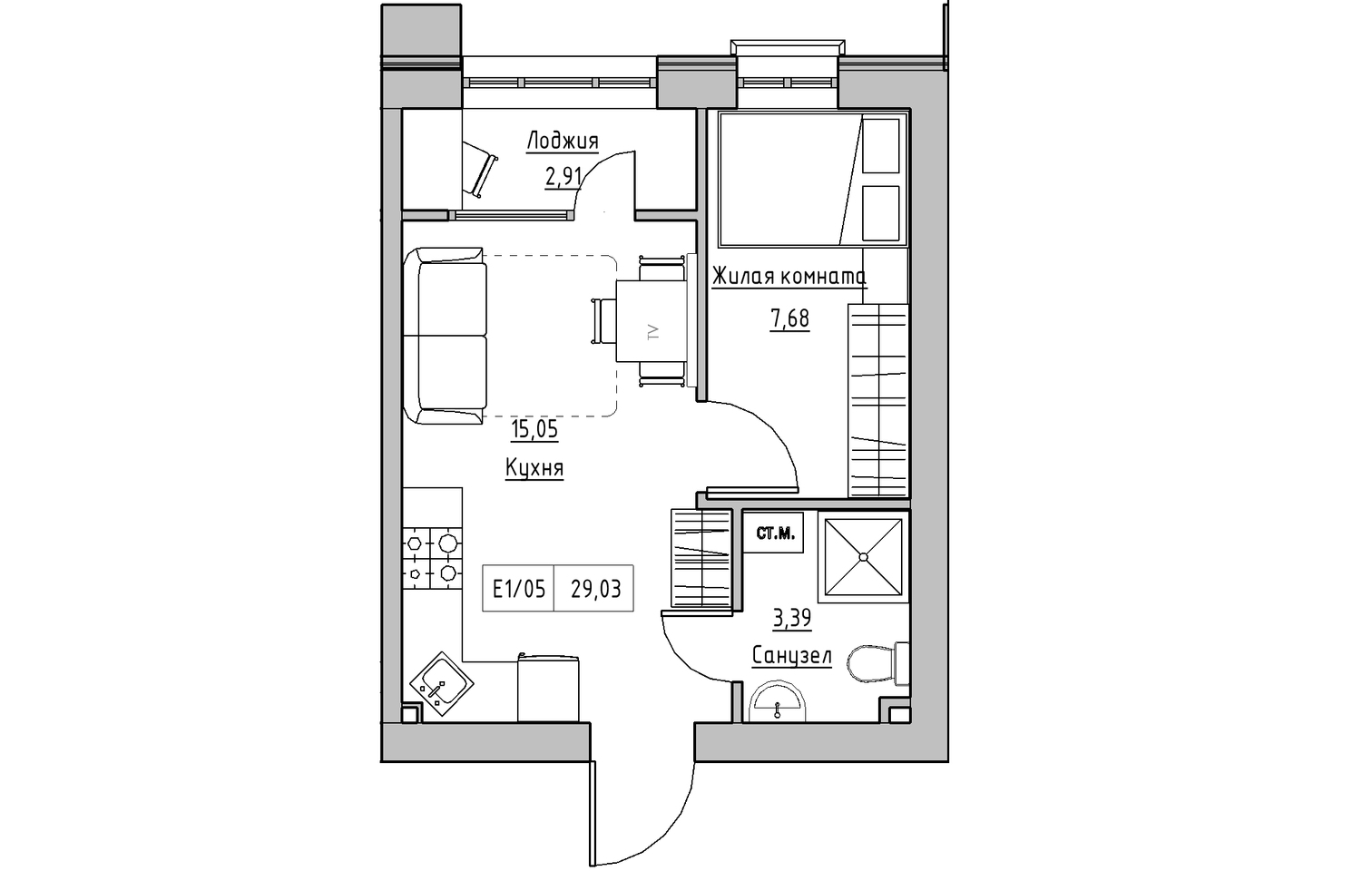 Планировка 1-к квартира площей 29.03м2, KS-010-03/0007.