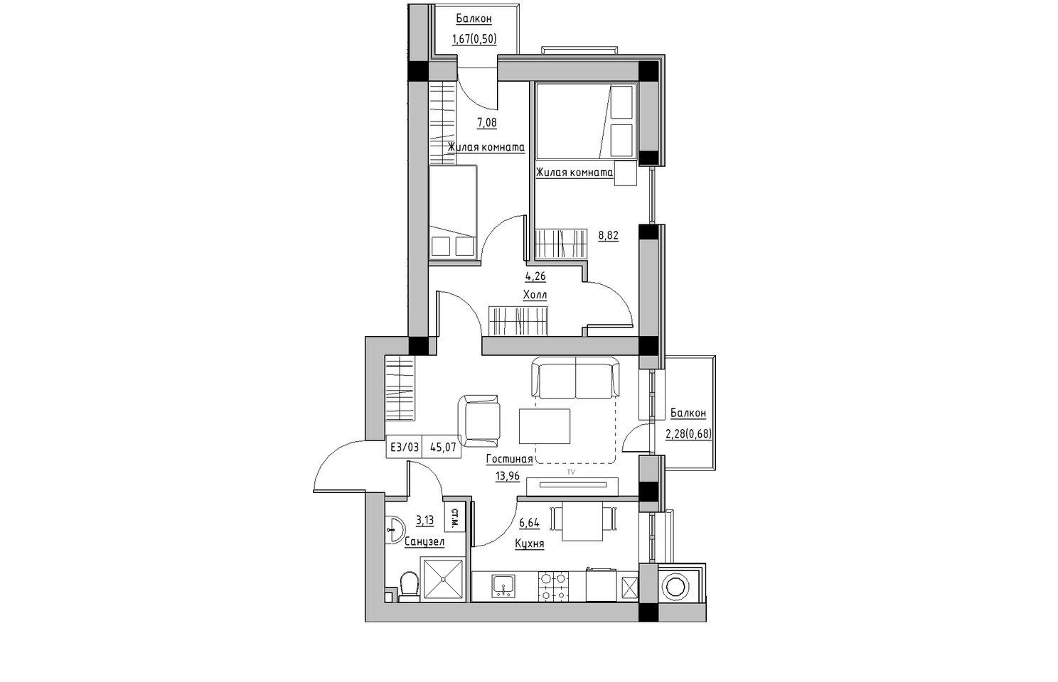 Планировка 3-к квартира площей 45.07м2, KS-010-05/0011.