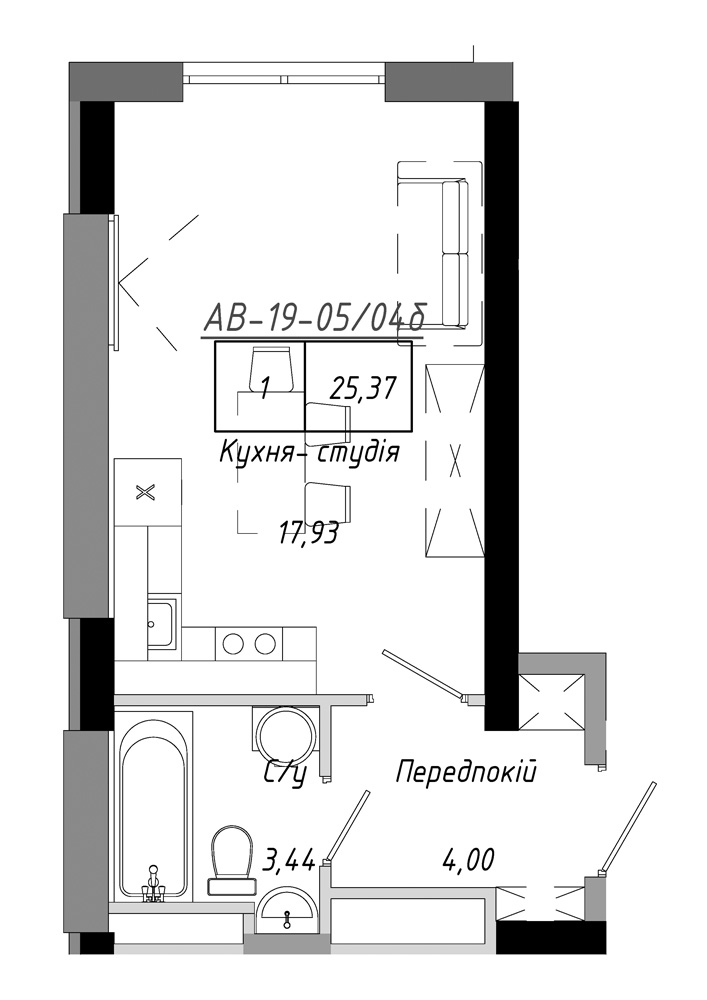 Планування Smart-квартира площею 25.37м2, AB-19-05/0004б.