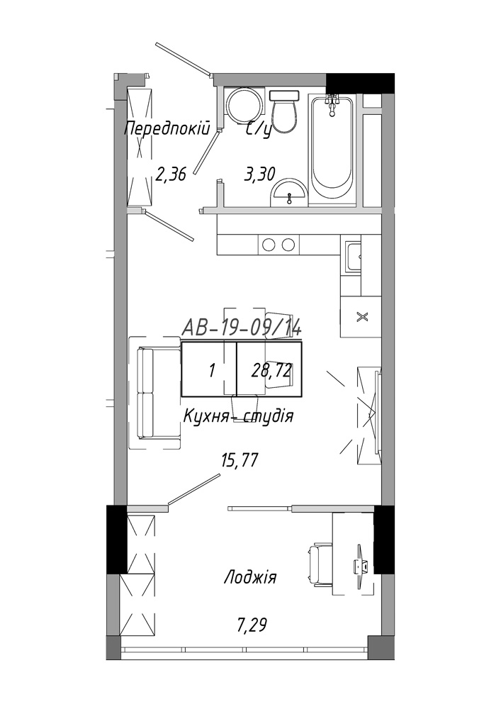 Планування Smart-квартира площею 28.72м2, AB-19-09/00014.