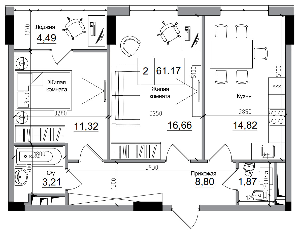 Планування 2-к квартира площею 61.17м2, AB-15-07/00007.