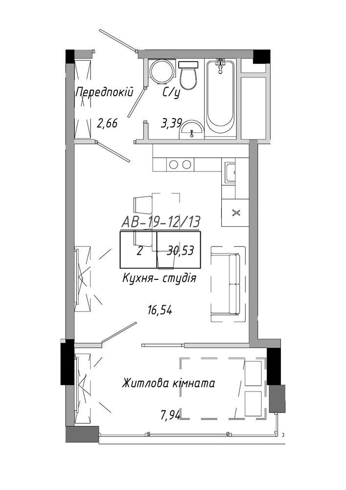 Планировка 1-к квартира площей 30.53м2, AB-19-12/00013.