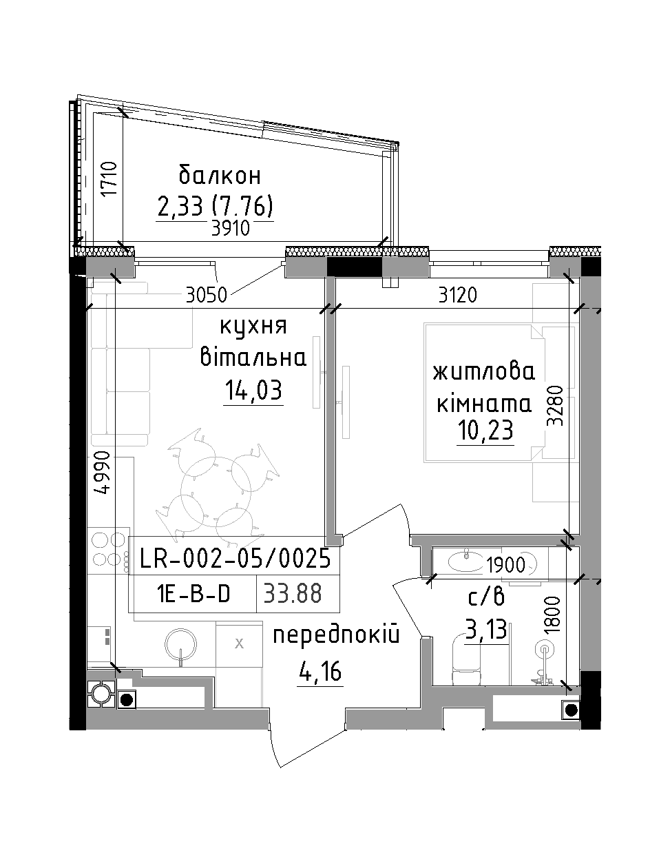 Планировка 1-к квартира площей 33.88м2, LR-002-05/0025.