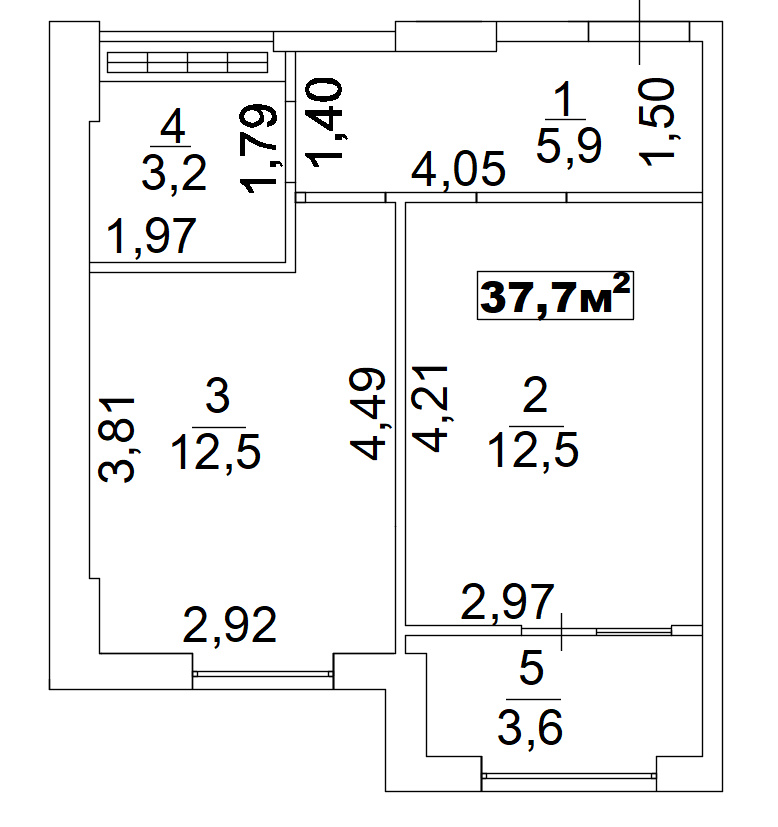 Планування 1-к квартира площею 37.7м2, AB-02-07/0004а.