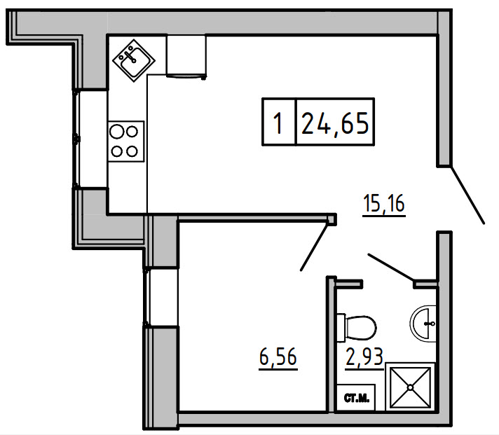 Планування 1-к квартира площею 24.73м2, KS-007-04/0001.