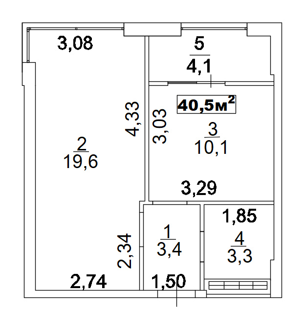 Планування 1-к квартира площею 40.5м2, AB-02-05/00005.