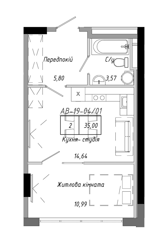 Планировка 1-к квартира площей 35м2, AB-19-04/00001.