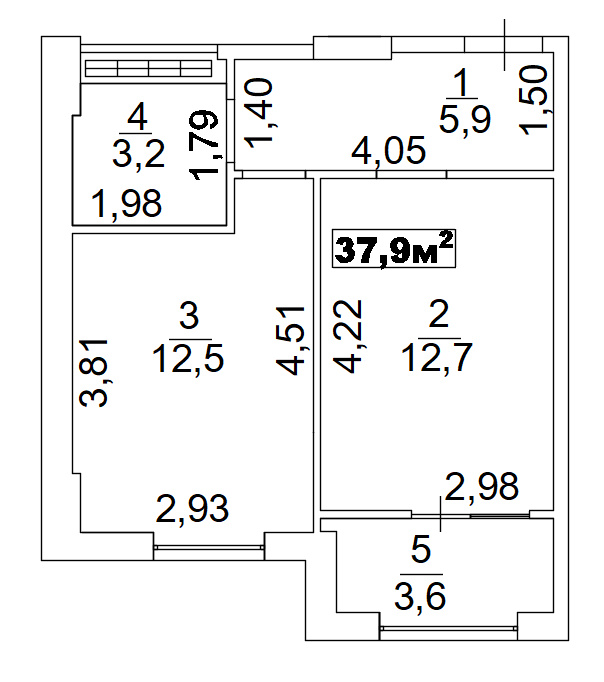 Планировка 1-к квартира площей 37.9м2, AB-02-03/0004а.