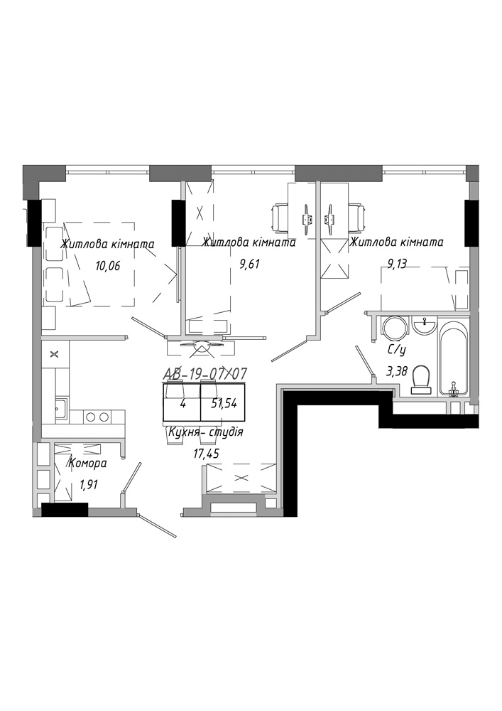 Планування 3-к квартира площею 51.54м2, AB-19-07/00007.