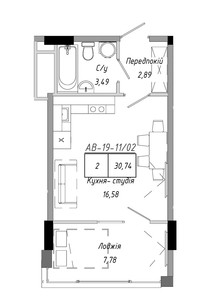 Планировка 1-к квартира площей 30.74м2, AB-19-11/00002.
