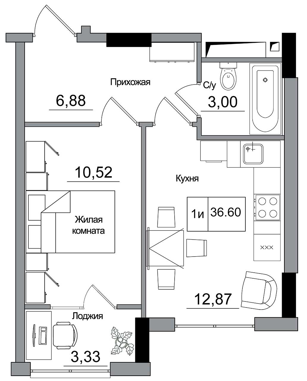 Планировка 1-к квартира площей 36.6м2, AB-16-04/00012.