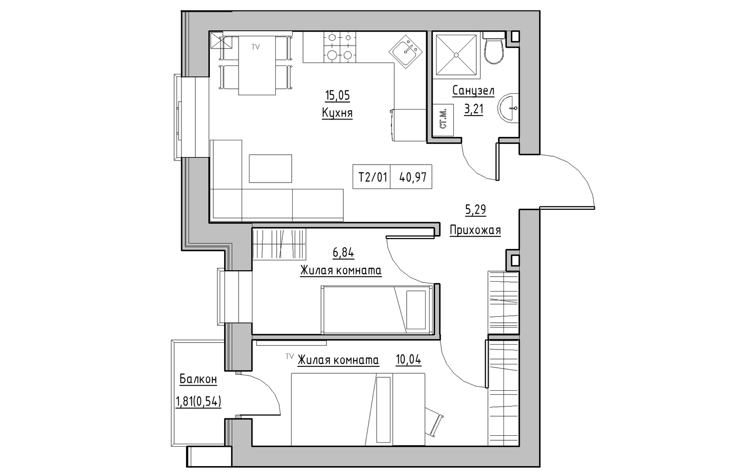 Планування 2-к квартира площею 40.97м2, KS-013-02/0004.
