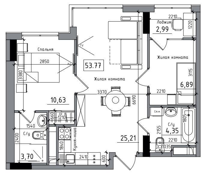 Планировка 2-к квартира площей 53.77м2, AB-06-05/00004.