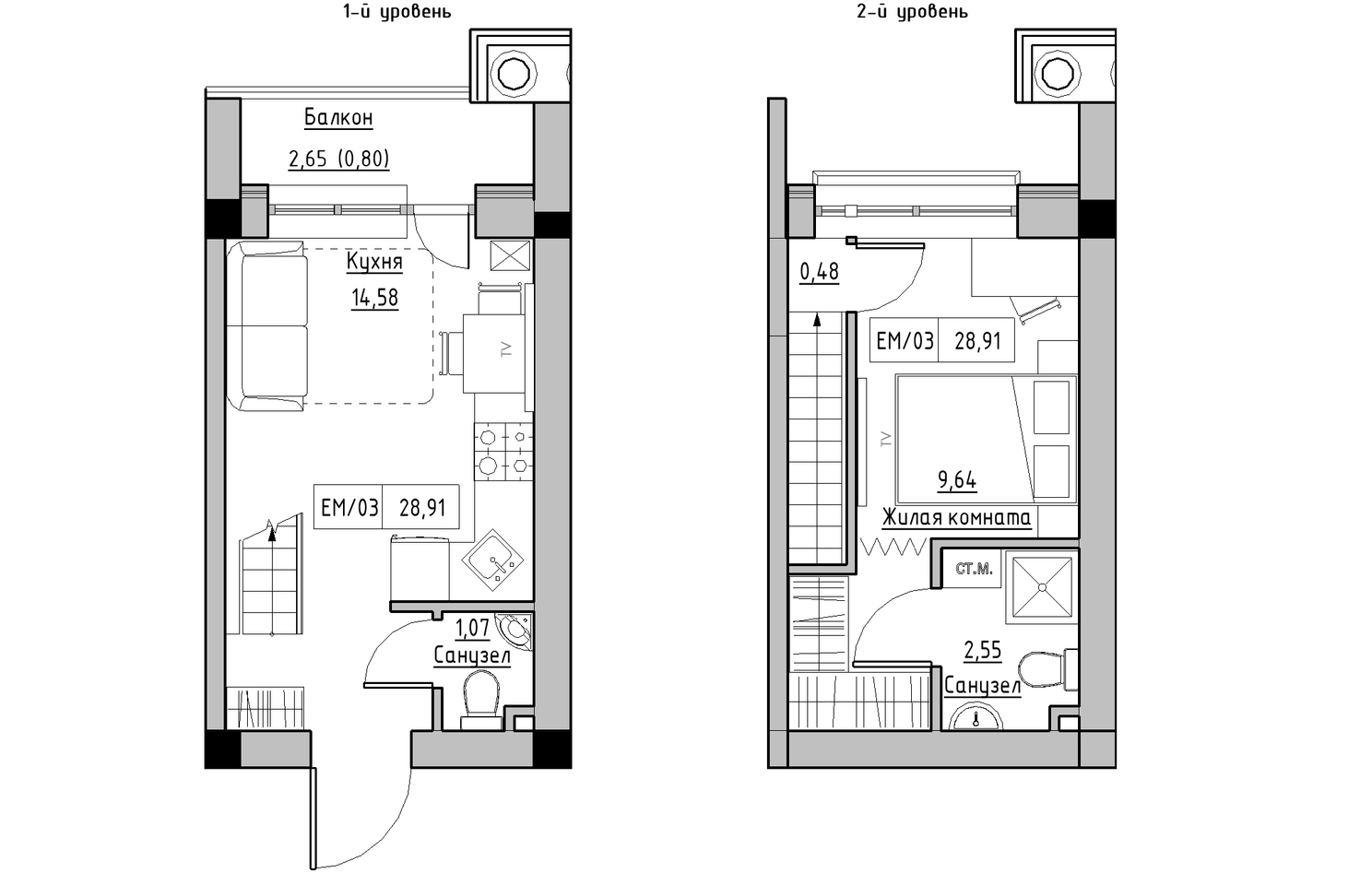 Planning 2-lvl flats area 28.91m2, KS-010-05/0006.
