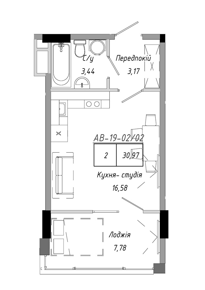 Планировка Smart-квартира площей 30.97м2, AB-19-02/00002.