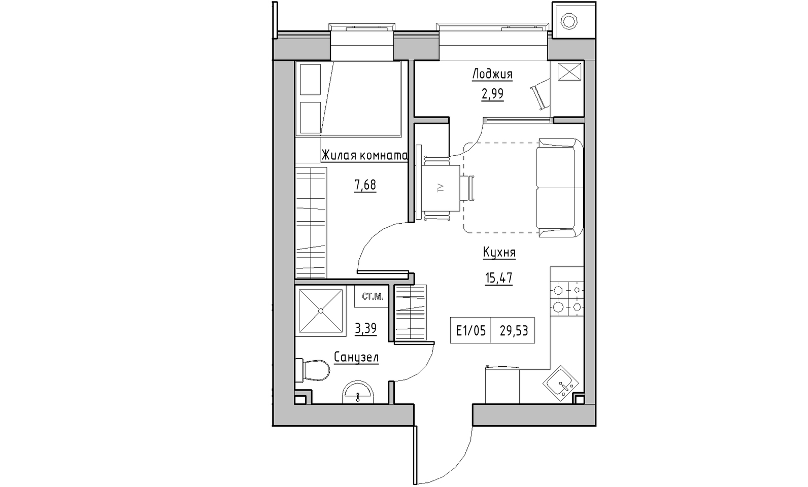 Планировка 1-к квартира площей 29.53м2, KS-014-02/0006.