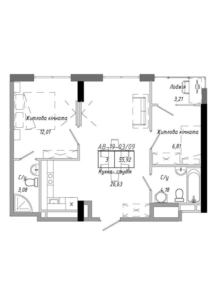 Планування 2-к квартира площею 55.92м2, AB-19-03/00009.
