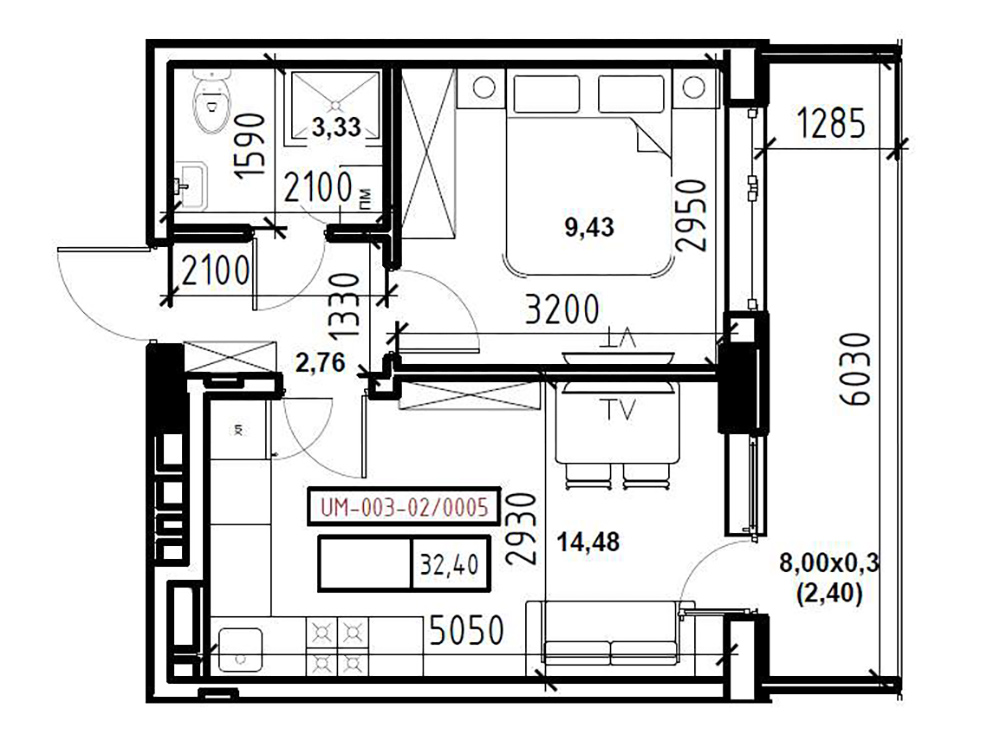 Планировка 1-к квартира площей 32.4м2, UM-003-02/0005.