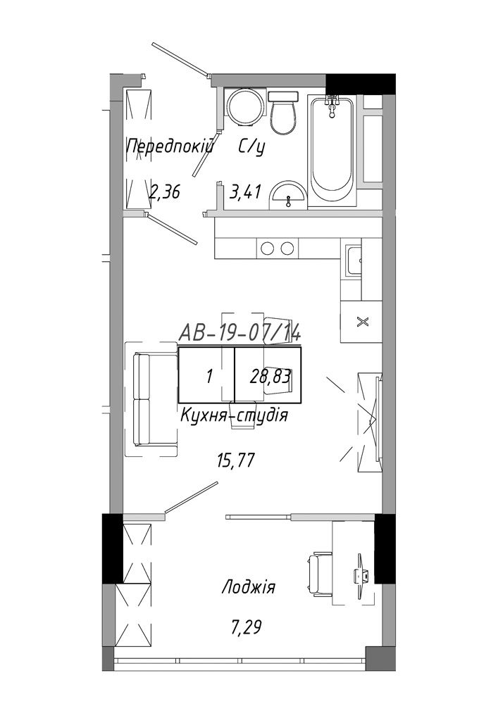 Планировка Smart-квартира площей 28.83м2, AB-19-07/00014.