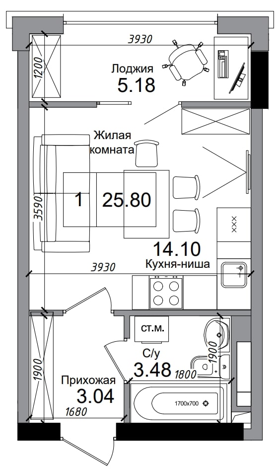 Планування Smart-квартира площею 25.8м2, AB-04-04/00008.