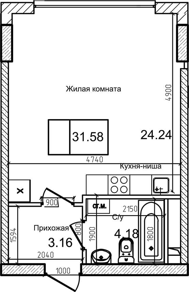 Планування Smart-квартира площею 31.3м2, AB-08-08/00008.