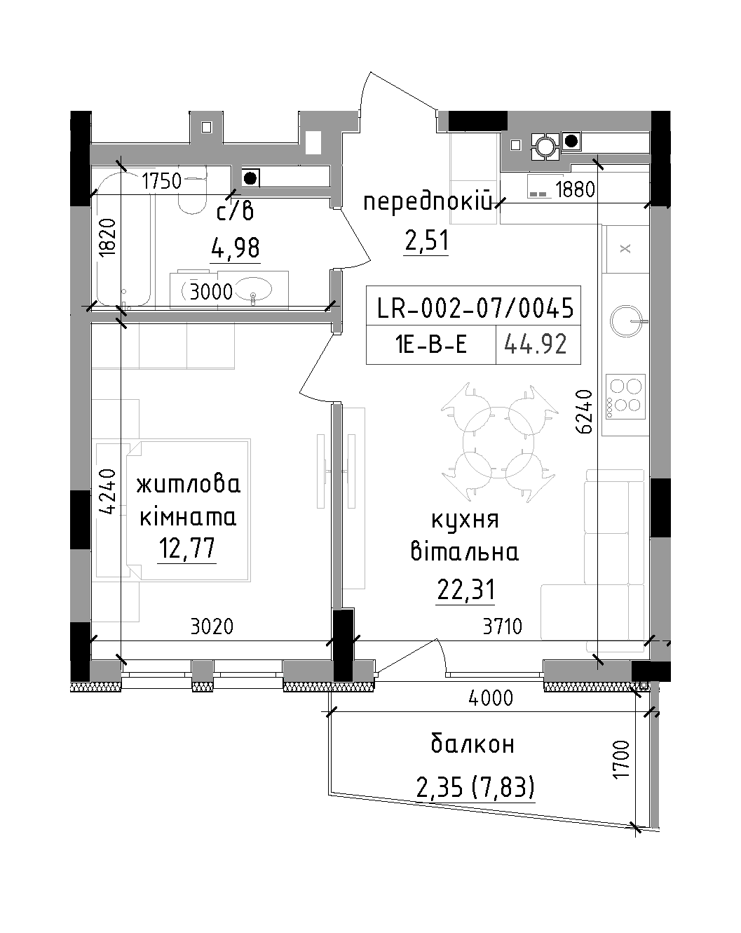Планировка 1-к квартира площей 44.92м2, LR-002-07/0045.