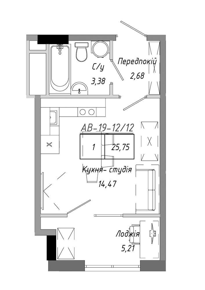 Планировка 1-к квартира площей 25.75м2, AB-19-12/00012.