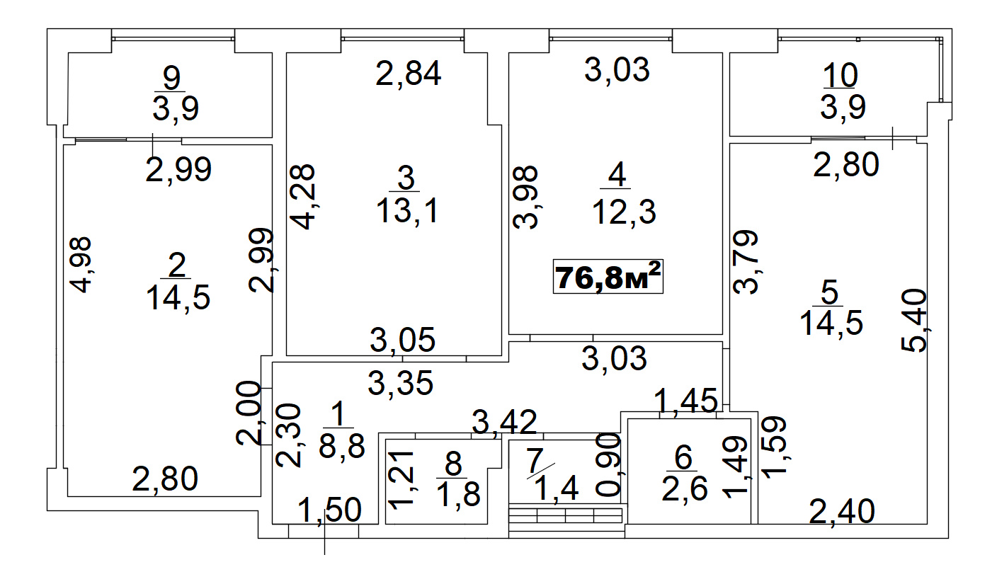 Планировка 3-к квартира площей 76.8м2, AB-02-11/00009.